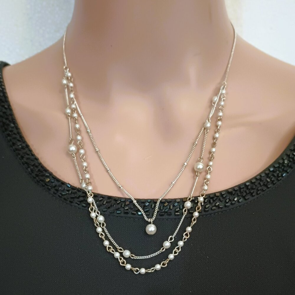 Multi Strand Pearl Station Necklace 22" Women's Silver Tone 3 Layer Fall Jewelry